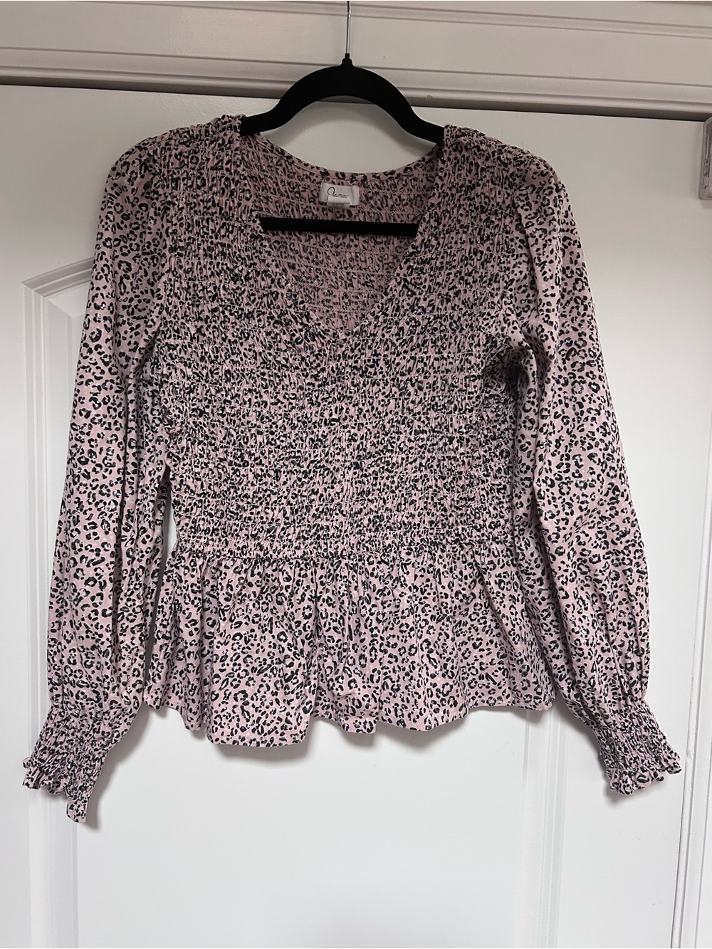 Japna Smock Bodice & Cuff Blouse Top Pink Brown Animal Print Sz M Balloon Sleeve